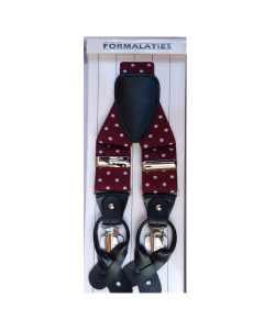 Mens Polka Wine/White Premium Convertible Suspenders - Adjustable Clip On Elastic Y-Back Braces