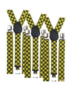 3x Black/Yellow Check Slim Suspenders Bulk Pack - Strong Adjustable Clip On Braces for Weddings/Formals