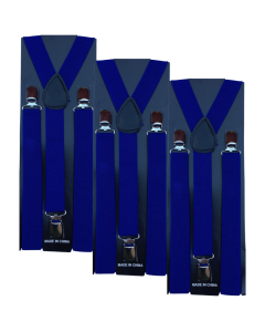 3x Blue Slim Suspenders Bulk Pack - Strong Adjustable Clip On Braces for Weddings/Formals