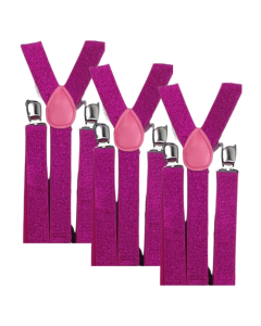 3x Hot Pink Glitter Slim Suspenders Bulk Pack - Strong Adjustable Clip On Braces for Weddings/Formals