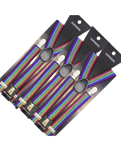 3x Rainbow Glitter Slim Suspenders Bulk Pack - Strong Adjustable Clip On Braces for Weddings/Formals