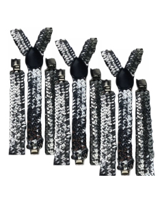 3x Silver Sequin Slim Suspenders Bulk Pack - Strong Adjustable Clip On Braces for Weddings/Formals