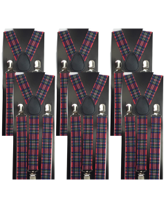 6x Tartan Slim Suspenders Bulk Pack - Strong Adjustable Clip On Braces for Weddings/Formals