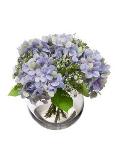 28cm Hydrangea Artificial Arrangement in Fish Bowl - Blue (Faux Floral Decor)