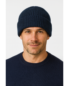 Mens Shetland Ragg Wool Beanie Hat - Navy (Fishermans Rib Winter Ski Knit)