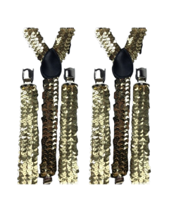 2x Gold Sequin Slim Suspenders - Strong Adjustable Clip On Braces for Weddings/Formals