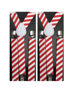 2x Red/White Stripe Slim Suspenders - Strong Adjustable Clip On Braces for Weddings/Formals