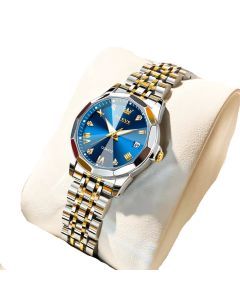 Womens Stainless Steel Quartz Watch Waterproof (Gold Blue)