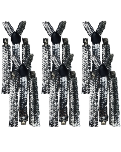 6x Silver Sequin Slim Suspenders Bulk Pack - Strong Adjustable Clip On Braces for Weddings/Formals