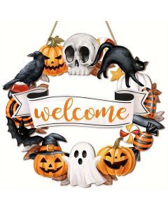 Halloween Wooden Wreath Black Cat Pumpkin Skull Sign