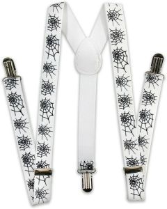 Mens Halloween White/Black Spider Suspenders - Adjustable Clip On Braces for Weddings/Formals