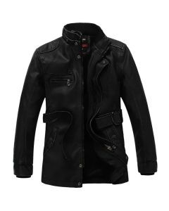 Mens PU Leather Fleece Lined Winter Jacket (Coffee thin)