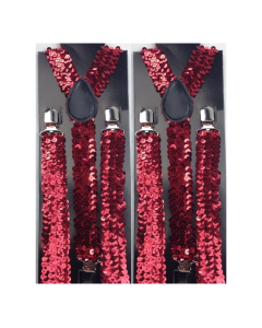 2x Red Sequin Slim Suspenders - Strong Adjustable Clip On Braces for Weddings/Formals