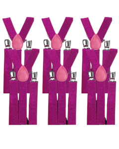 6x Hot Pink Glitter Slim Suspenders Bulk Pack - Strong Adjustable Clip On Braces for Weddings/Formals