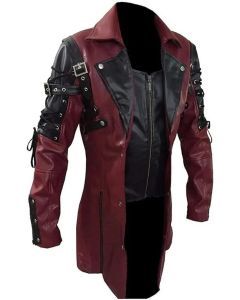 Mens Steampunk Faux Leather Trench Biker Jacket