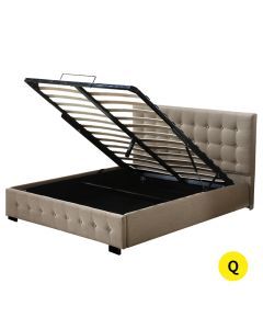Levede Fabric Bed Frame Queen Tufted Mattress Platform Gas Lift Storage Beige