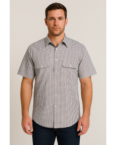 Bisley Mens Short Sleeve Shirt - White/Red/Navy Check (Cotton Blend Casual Business)