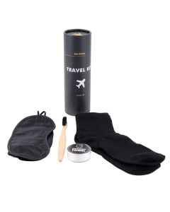 Travel Kit Tube with Eye Mask, Socks, Bamboo Toothbrush & Compressed Towel – 4pc Set
