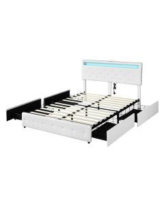Levede Queen Bed Frame RGB LED PU Leather Mattress Base 4 Drawer USB Charge