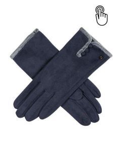 Dents Womens Soft Feel Touchscreen Gloves with Faux Fur & Button Trim - Navy