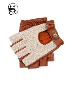 Dents Mens Suited Racer x Crochet Back Fingerless Driving Gloves - Tan