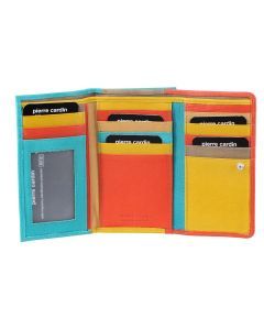 Pierre Cardin Italian Genuine Leather Ladies Trifold Wallet- Orange/Turquoise