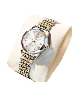Womens Stainless Steel Quartz Watch Waterproof (Gold White)
