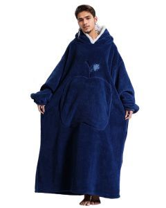 Winter Fleece Hooded Robe Navy Blue Blanket
