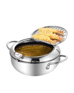 Toque 24cm Japanese Deep Frying Pan Pot Thermometer Kitchen Tempura Fryer Silver