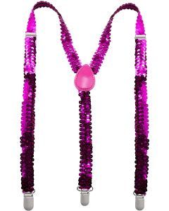 Hot Pink Sequin Suspenders - Unisex Adjustable Clip On Elastic Y-Back Braces