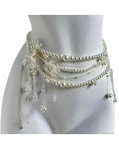 Retro Multilayer Pearl Waist Chain Belt Women (B)