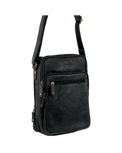 Pierre Cardin Mens Rustic Leather Tablet Crossbody Messenger Bag - Black