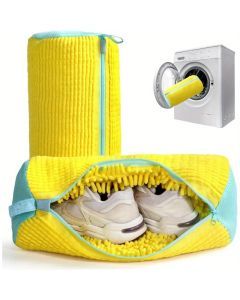 Durable Shoe Washing Machine Bag - Yellow with Blue Zipper, Protective Laundry Bag with Fluffy Interior for Sneakers, Casual, Mesh & Canvas Shoes