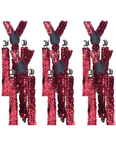 6x Red Sequin Slim Suspenders Bulk Pack - Strong Adjustable Clip On Braces for Weddings/Formals