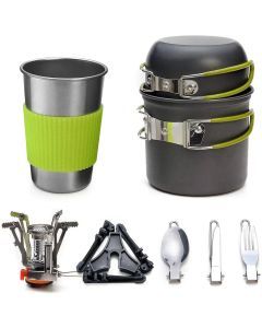 Camping Cookware Kit with Stove Green