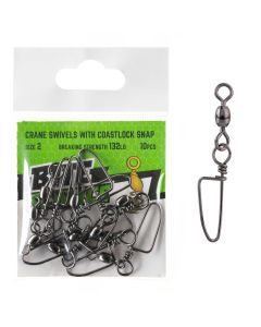 10 Pack of Size 2 Bite Science Black Crane Swivels with Coastlock Snaps - 132lb