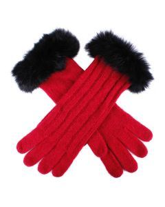 Dents Womens Lambswool Angora Blend Cable Knit Gloves w/ Fur Cuff - Berry/Black