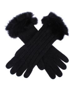 Dents Womens Lambswool Angora And Nylon Blend Cable Knit Gloves With Fur Cuff - Black