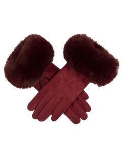 Dents Women's Touchscreen Velour-Lined Faux Suede Gloves with Faux Fur Cuffs - Red