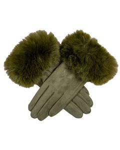 Dents Women's Touchscreen Velour-Lined Faux Suede Gloves with Faux Fur Cuffs - Olive Green