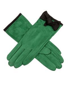 Dents Women’s Velour-Lined Faux Suede Gloves with Trim and Bow - Green