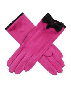 Dents Women’s Velour-Lined Faux Suede Gloves with Trim and Bow - Pink