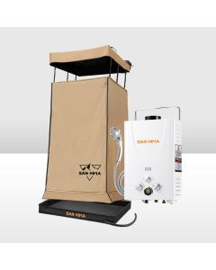 San Hima Camping Shower Tent Brown &Gas Hot Water Heater White &Shower Tent Base