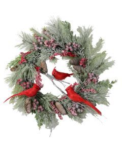 Red Cardinal Christmas Wreath with Berry and Pinecones
