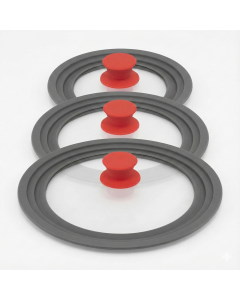 3pcs Pyrolux Universal Glass and Silicone Lid Set - Red/Grey (3 Different Sizes for Fry Pans)