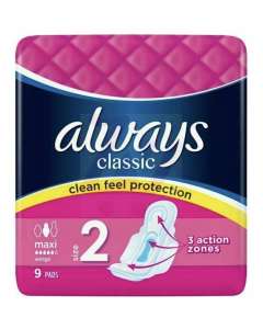 Always Classic Clean Feel Maxi Pads with Wings - Size 2 (1 Pack of 9)