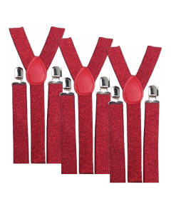 3x Red Glitter Slim Suspenders Bulk Pack - Strong Adjustable Clip On Braces for Weddings/Formals
