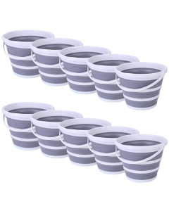10x 10L Foldable Collapsible Silicone Bucket Bulk Pack - Grey/White (Hiking/Camping/Fishing)