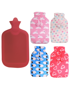 2L HOT WATER BOTTLE with Coral Fleece Cover Winter Warm Natural Rubber Bag