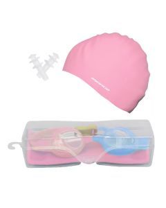 Mirage Kids Swim Goggles and Cap Pack for 6-14yo (Blue-Pink)